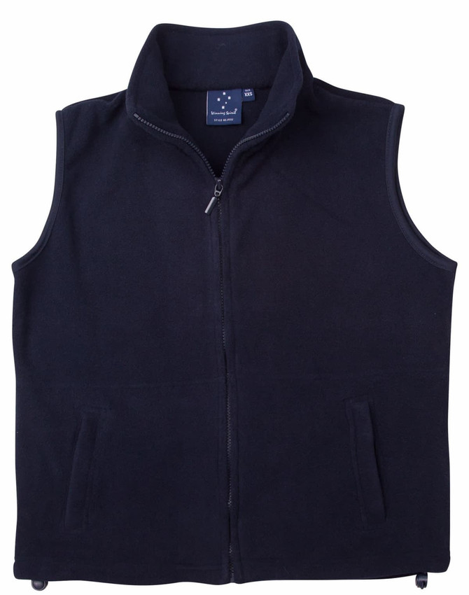 A black unisex polar fleece vest with a stand-up collar and zip fastening, featuring side pockets and a logo.