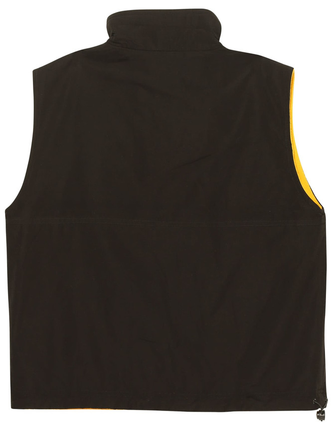 A unisex reversible vest in black with a yellow interior, featuring a high collar and no sleeves.