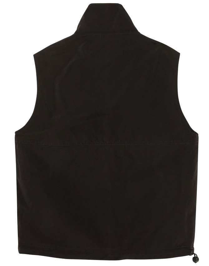 A unisex reversible vest in black, featuring a collar and a smooth finish, with a logo present.