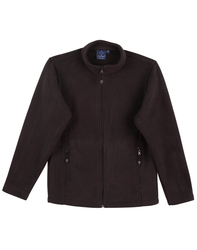 A black polar fleece jacket with a full zip, featuring two side pockets and a collar, has a logo.