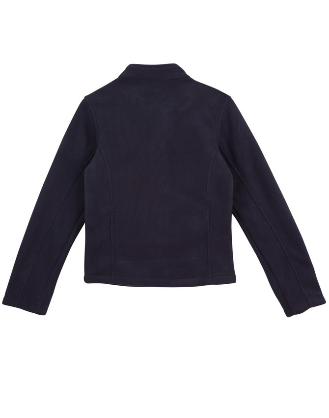 A navy polar fleece jacket with a fitted design and long sleeves, featuring a simple branding element.