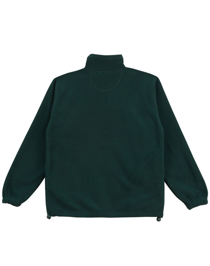 A dark green polar fleece jumper for kids with a high collar and elasticated cuffs. It features a logo.
