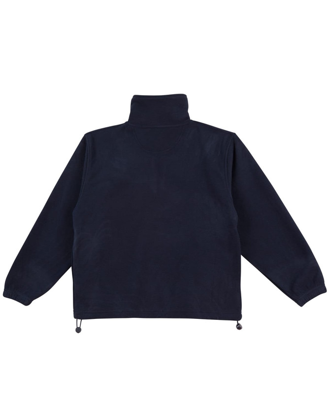 A navy blue polar fleece pullover for kids with a high neck and adjustable hem, featuring a logo.