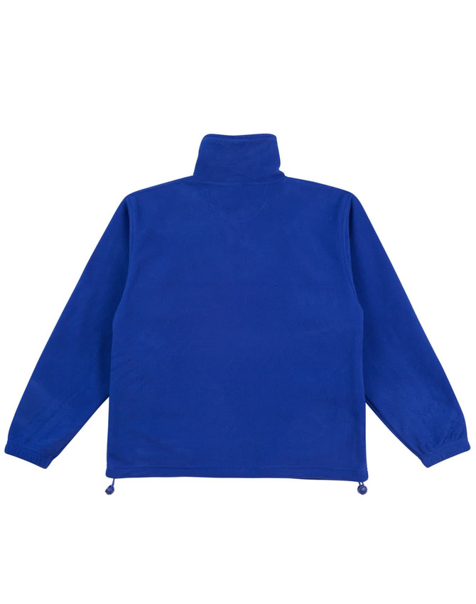 A blue polar fleece pullover for kids with a high neck and elastic drawstrings at the hem. It features a logo.