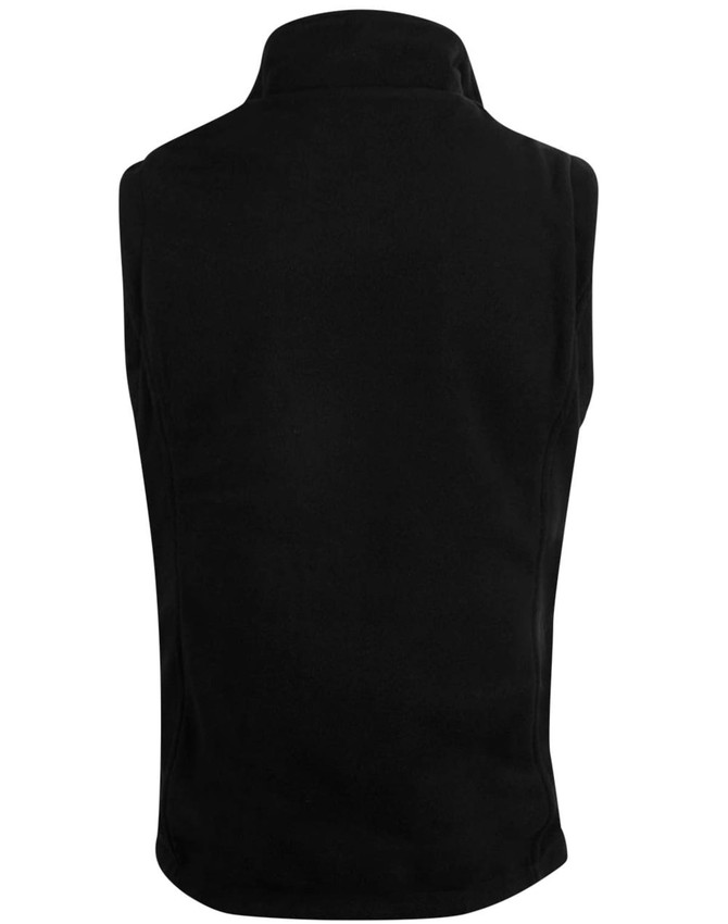 A black unisex reversible vest with a high collar and no visible fastenings at the back. It features a logo.