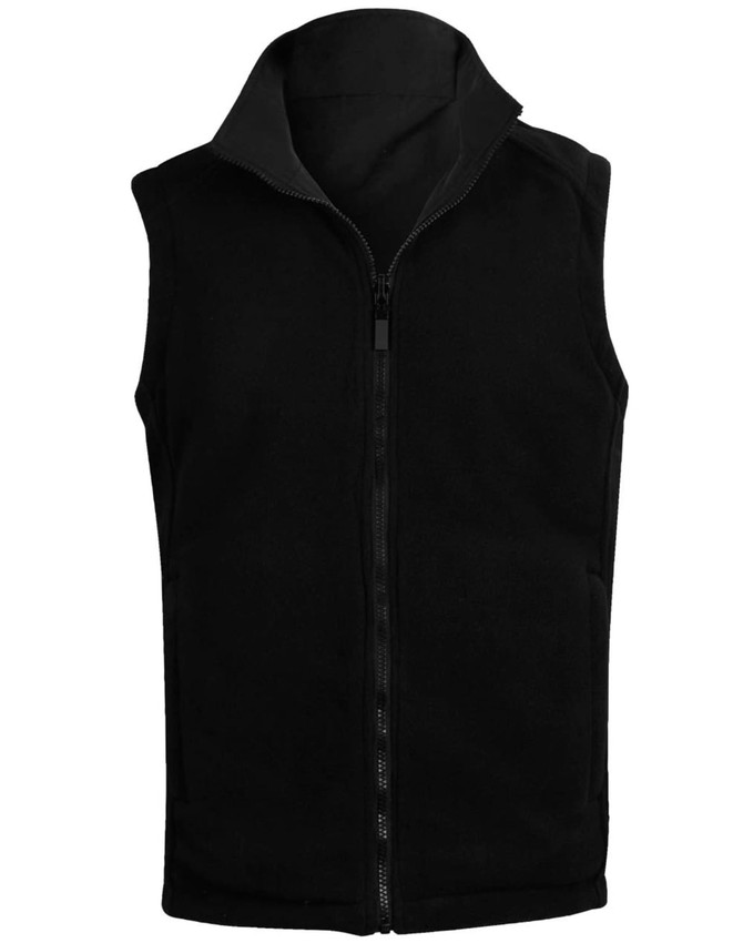 A black unisex reversible vest featuring a high collar and a full front zipper, with a logo on the side.