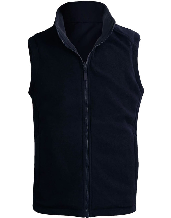A unisex reversible vest in navy blue with a zip front and a collar. The design features no sleeves.