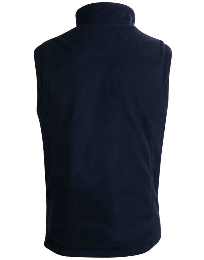 A navy unisex reversible vest with a high collar and no sleeves, featuring a logo.