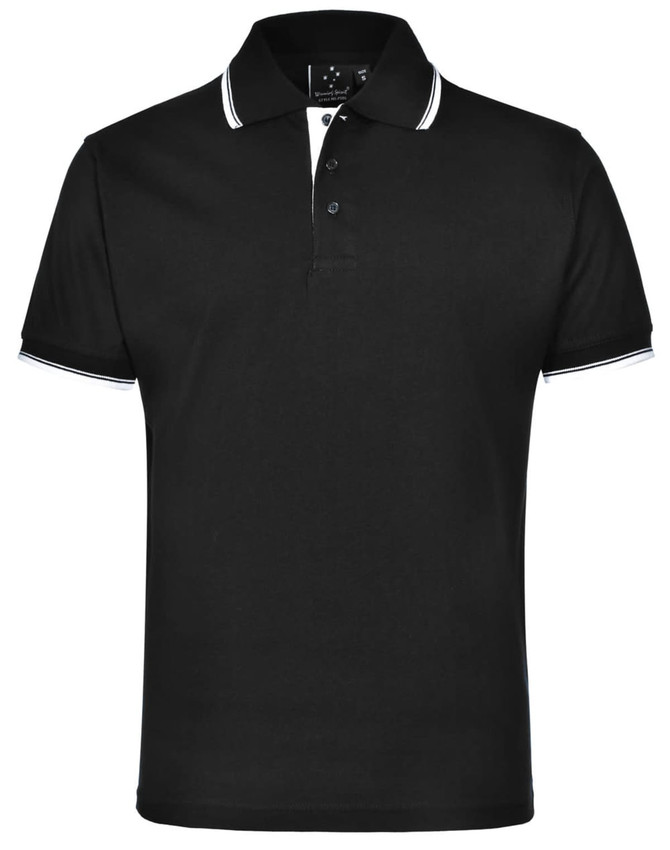 A black unisex polo shirt with contrasting white stripes on the collar and sleeves, featuring a logo on the front.