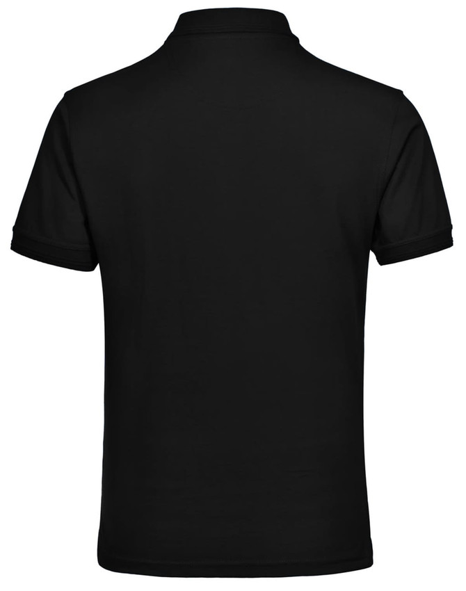 A black unisex polo shirt with a classic collar and short sleeves, featuring a branding logo.