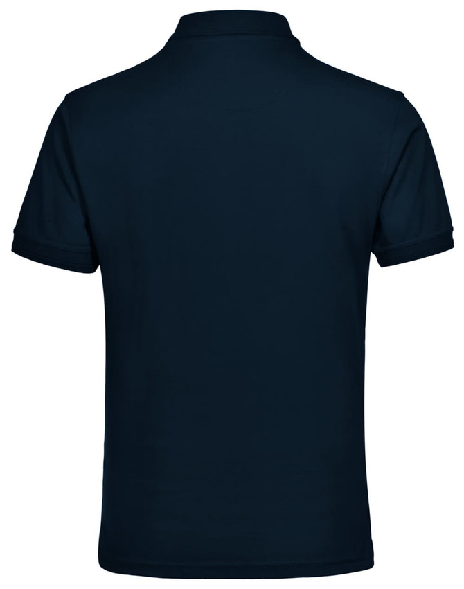 A dark navy unisex polo shirt featuring a classic collar, short sleeves, and a logo on the front.