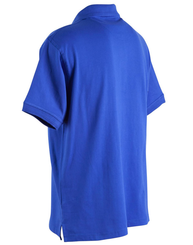 A unisex polo shirt in bright blue, featuring short sleeves and a collar, with branding on the chest.