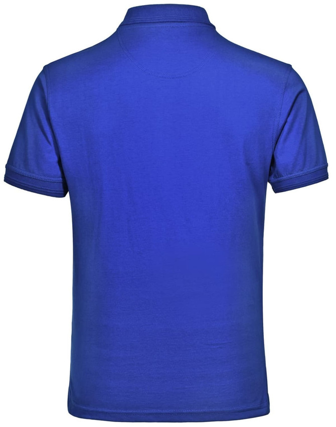 A blue unisex polo shirt featuring a classic collar and short sleeves, with a logo present.