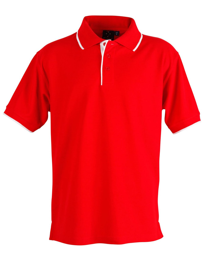A red polo shirt with a collar, featuring white detailing and a subtle logo. Short sleeves and buttons at the neck.