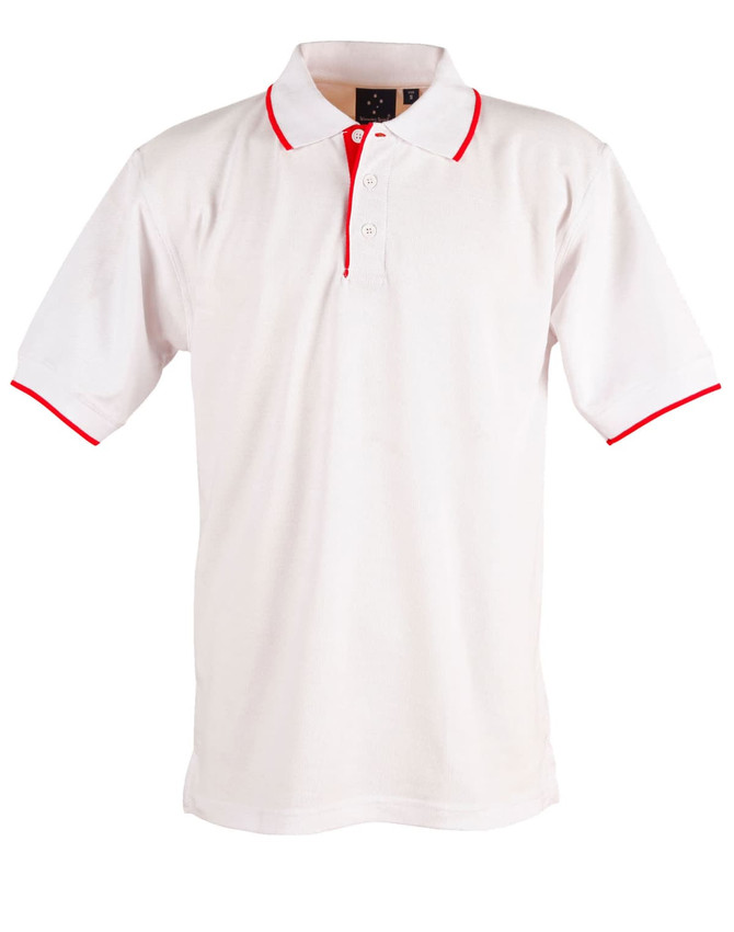 A white polo shirt with red accents and a collar, featuring a logo on the chest.