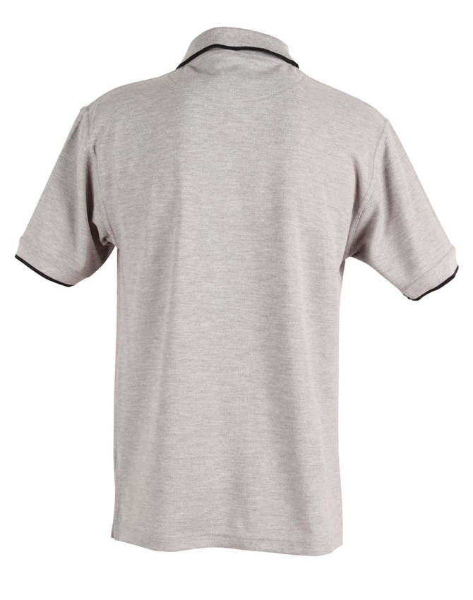 A grey polo shirt with a black collar and trim, featuring a logo on the back.