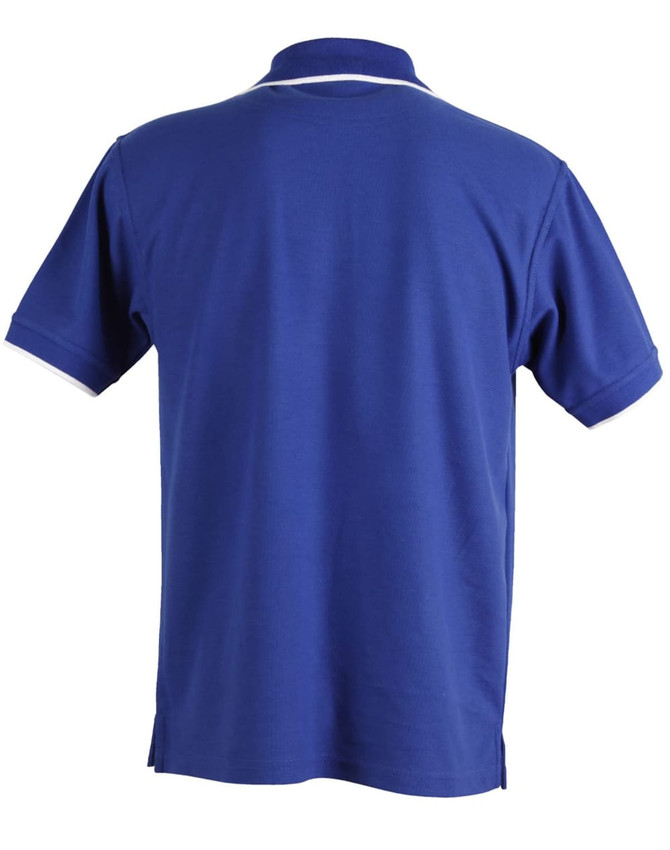 A blue men's polo shirt featuring short sleeves and a white collar detail, with a logo on the front.