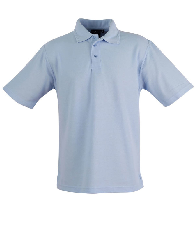 A light blue unisex traditional polo shirt with a classic collar and short sleeves, featuring a logo.
