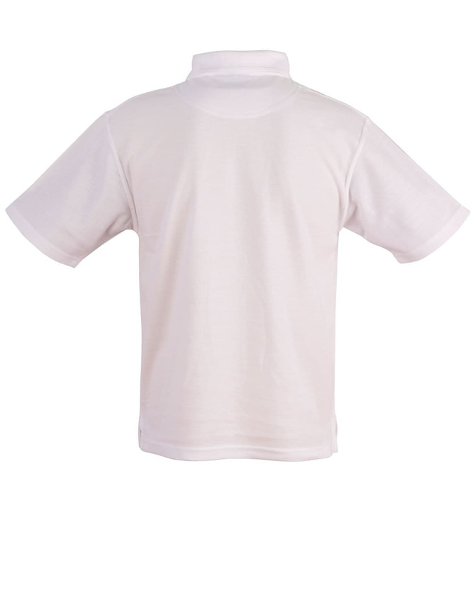A white unisex traditional polo shirt with short sleeves and a collar. The back view displays a simple design with a logo.