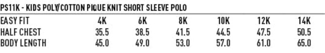 A chart displaying size measurements for a children's traditional polo shirt, including easy fit, half chest, and body length.