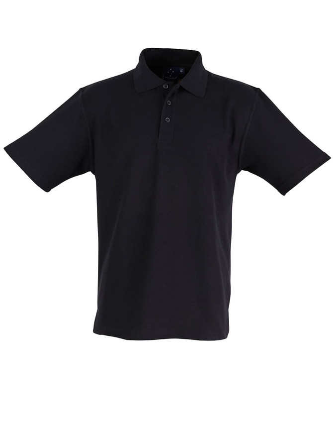 A black children's traditional polo shirt with a collar and short sleeves, featuring buttons and a small logo.