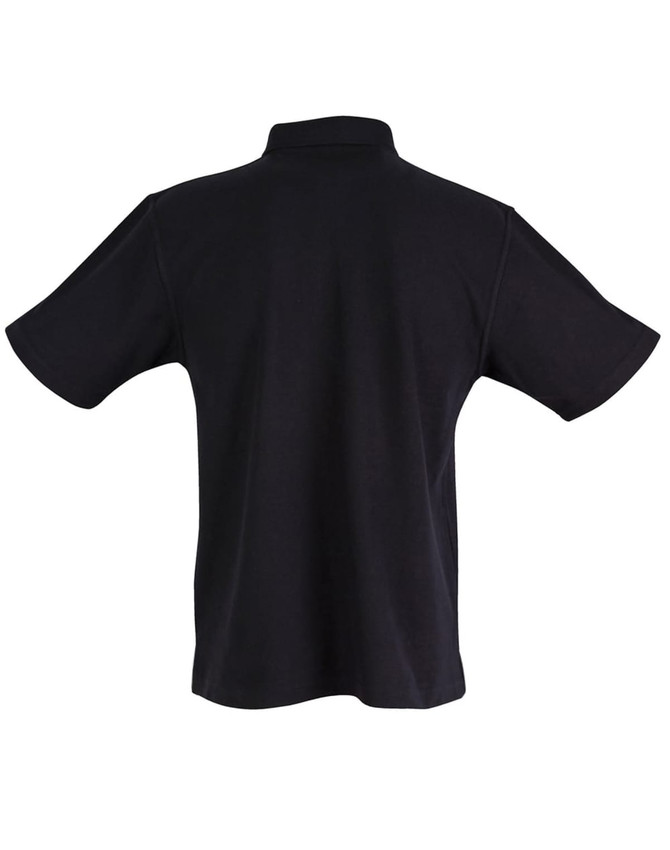 A black children's traditional polo shirt with short sleeves, featuring a collar and a logo on the back.