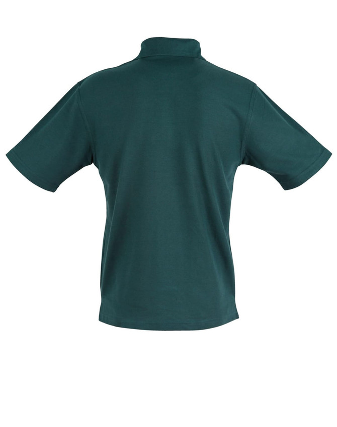 A dark green children's traditional polo shirt featuring a classic collar and short sleeves, with a logo on the chest.