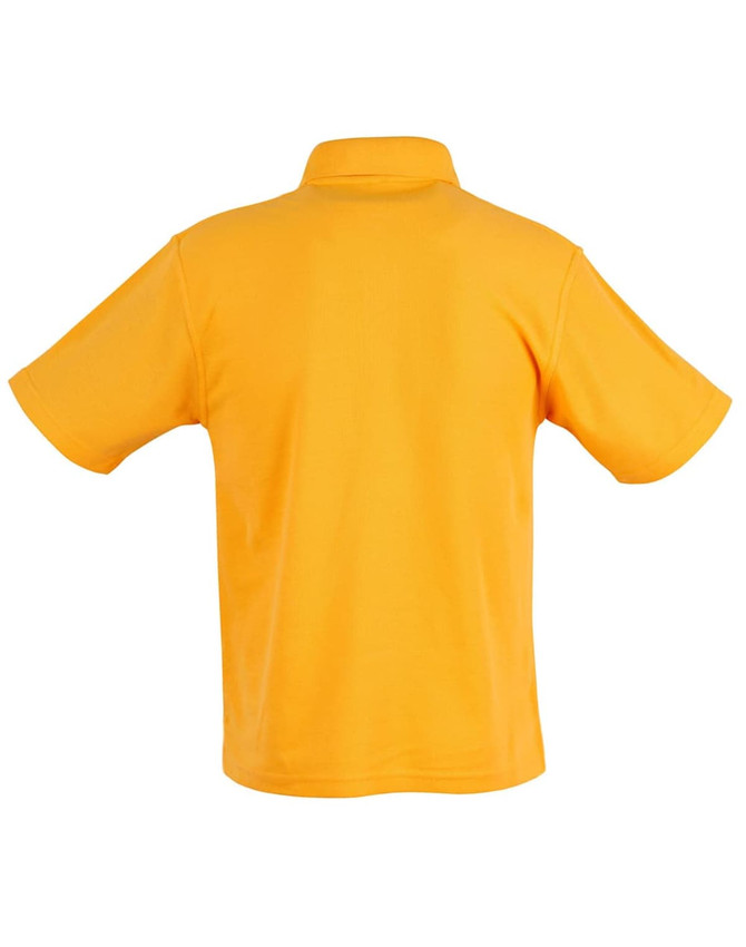 A yellow children's traditional polo shirt with a collar and short sleeves, featuring a logo.