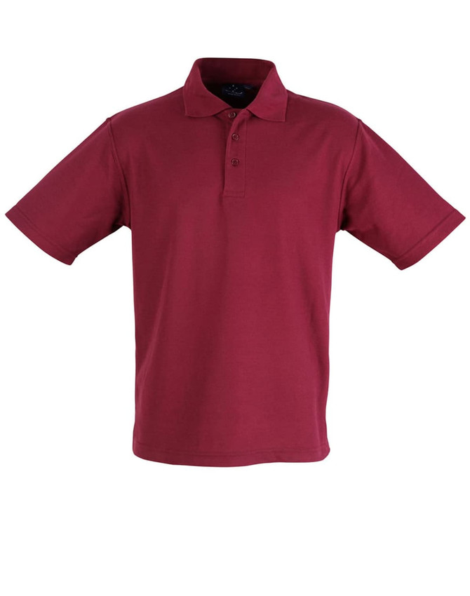 A maroon children's traditional polo shirt with a collar and short sleeves, featuring a logo.