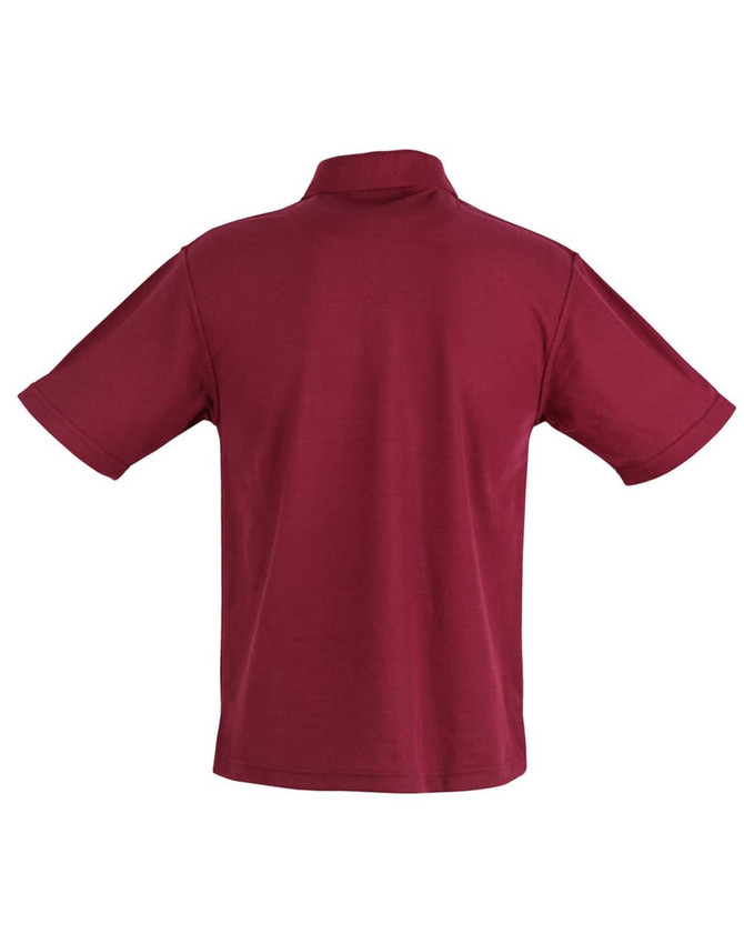 A red children's polo shirt featuring a classic design and a collar. It has short sleeves and a plain back.