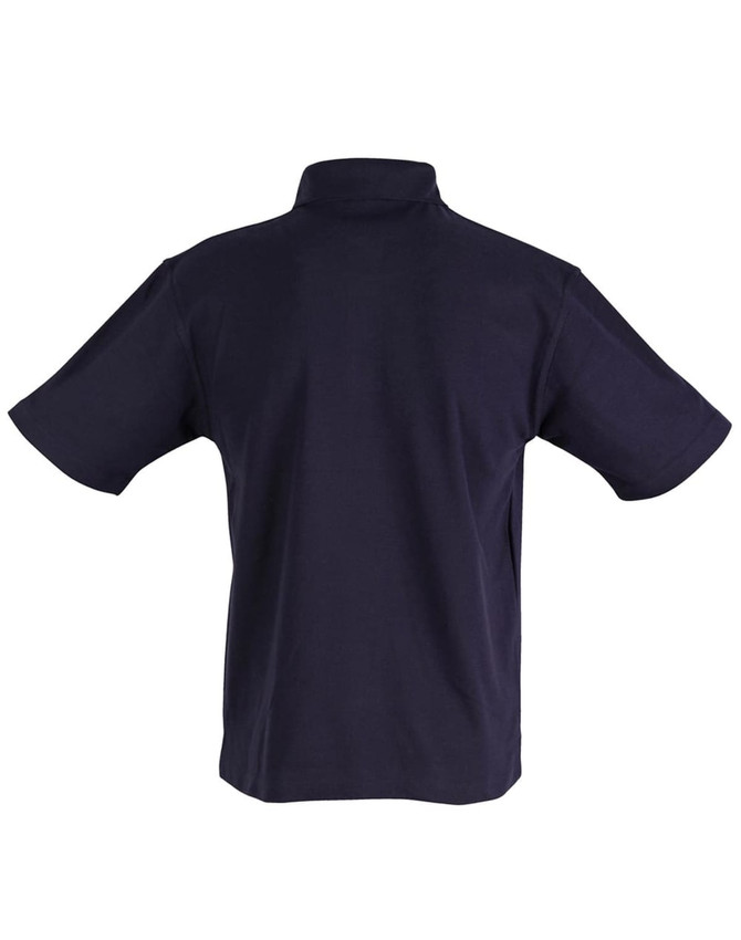 A children's traditional polo shirt in navy, featuring short sleeves and a collar, with a logo on the back.