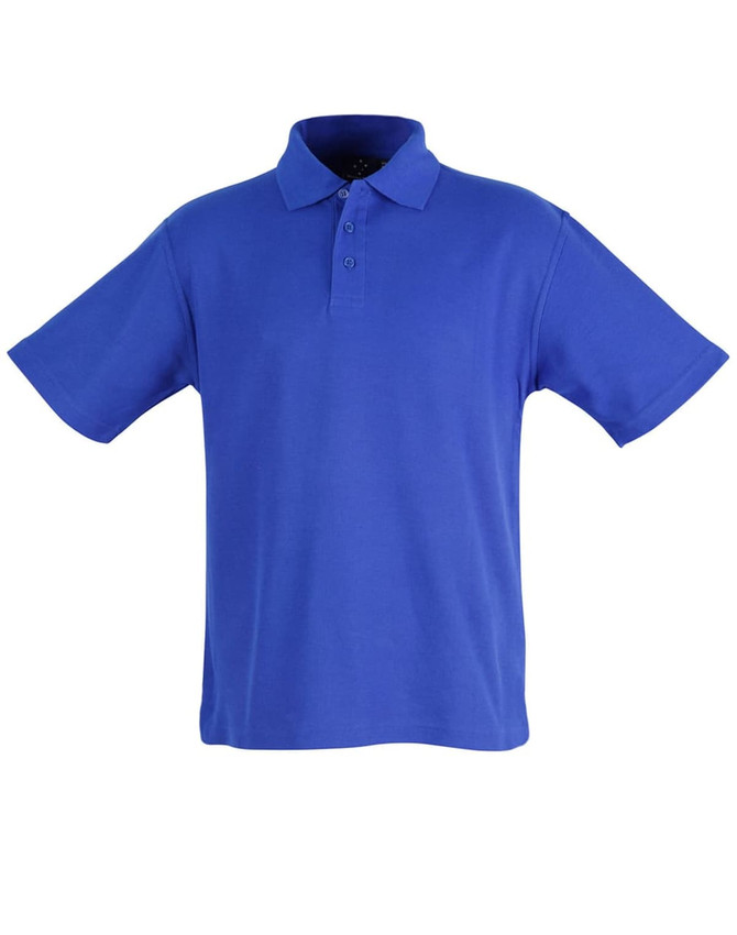 A blue children's polo shirt featuring short sleeves and a classic collar, with a button placket and branding.