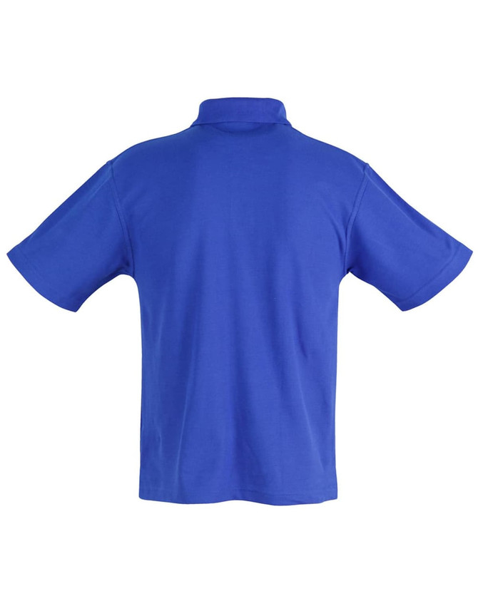 A blue children's traditional polo shirt with a collar and short sleeves, featuring a logo.