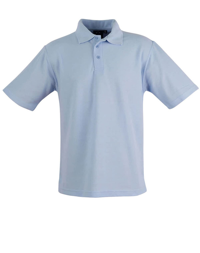 A light blue children's traditional polo shirt with a collar, short sleeves, and three buttons, featuring a logo.