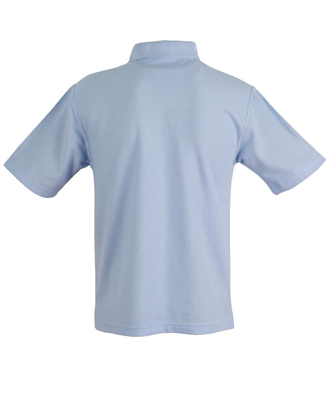 A light blue children's traditional polo shirt with a collar and short sleeves. It has a logo on the back.