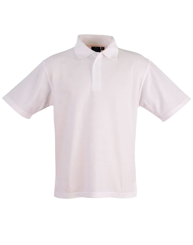 A white traditional polo shirt with a collar and short sleeves, featuring a logo on the chest.