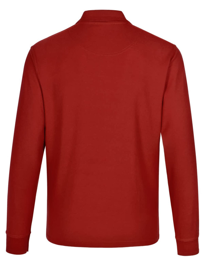 A red unisex long sleeve polo shirt made from poly/cotton pique fabric, featuring a collar and a logo.