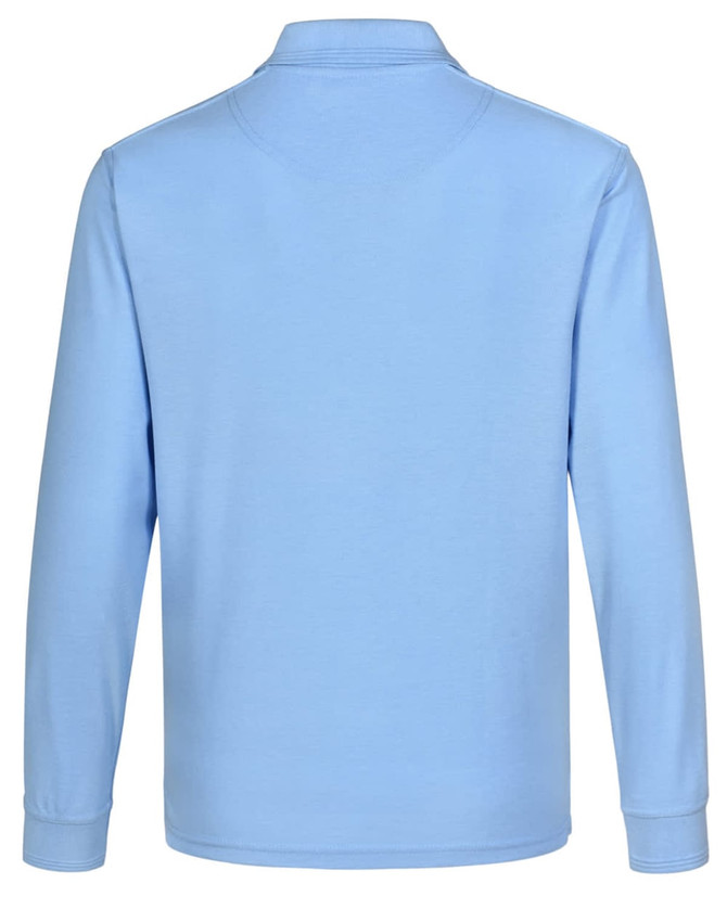 A blue unisex long sleeve polo shirt with a collar and a logo on the back.