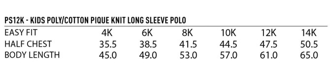 A table displaying the sizing details for Kids Traditional Poly/Cotton Pique Knit Long Sleeve Polo shirts, including measurements.