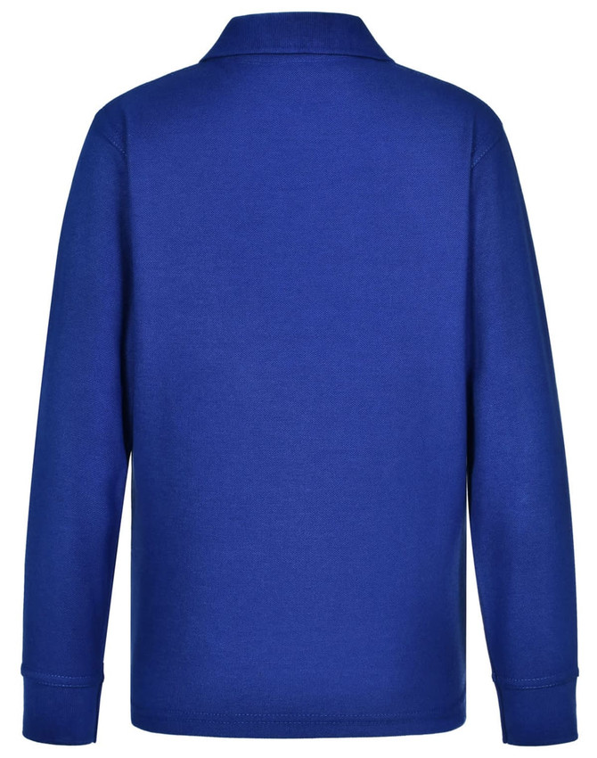 A blue long sleeve polo shirt made of poly/cotton fabric, featuring a collar and a logo.