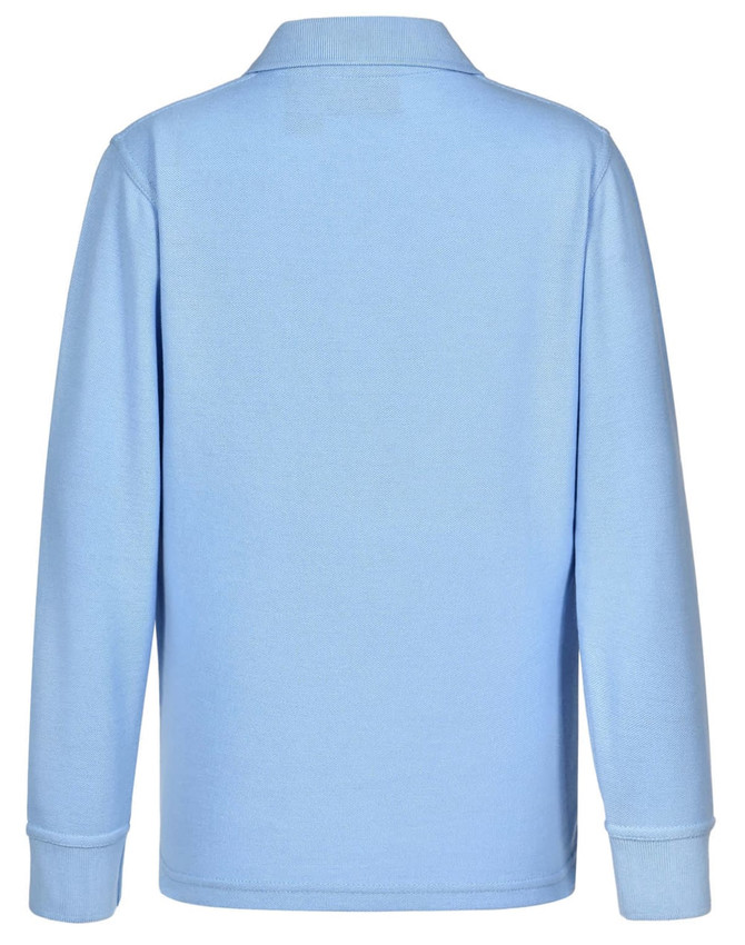 A light blue long sleeve polo shirt made from traditional poly/cotton pique knit, featuring a collar and logo.