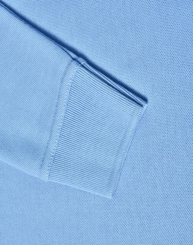 A light blue long sleeve polo shirt made from poly/cotton pique knit, featuring ribbed cuffs.