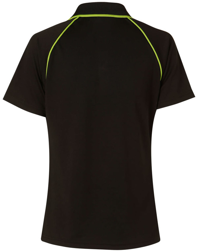 A black ladies cooldry raglan short sleeve polo featuring contrasting green piping and a logo.