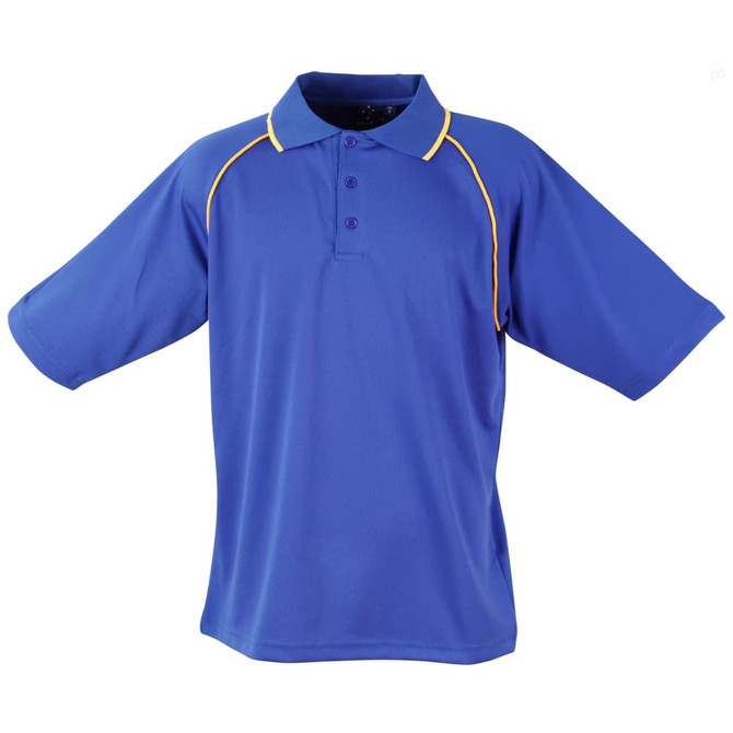 A blue men's polo shirt with short sleeves and yellow piping, featuring a collar and three buttons.