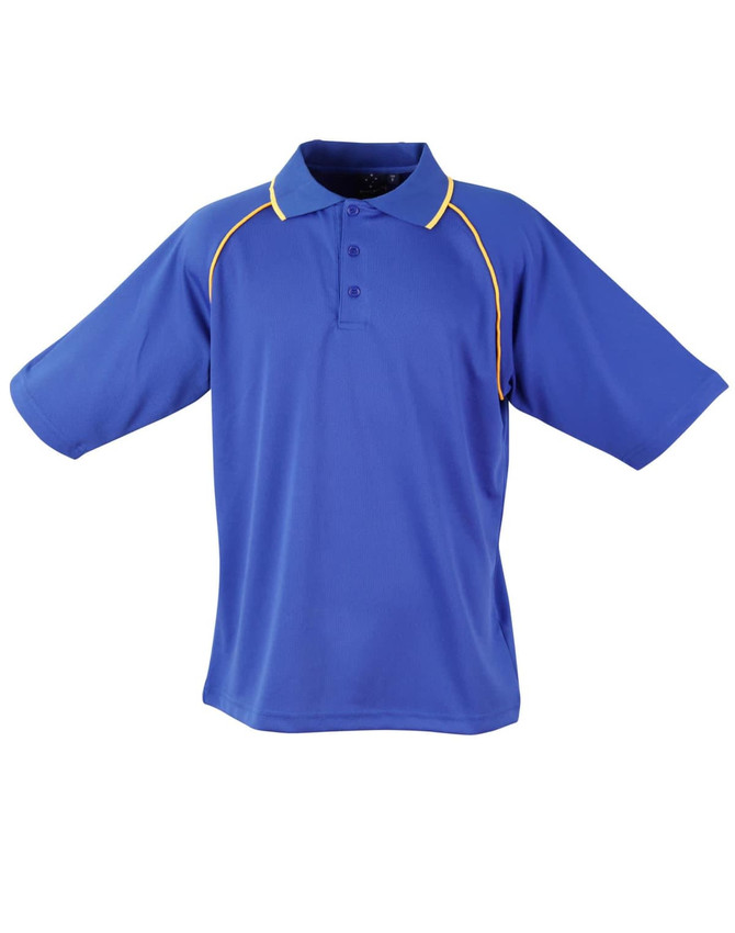 A blue men's polo shirt with short sleeves and yellow piping, featuring a collar and three buttons.