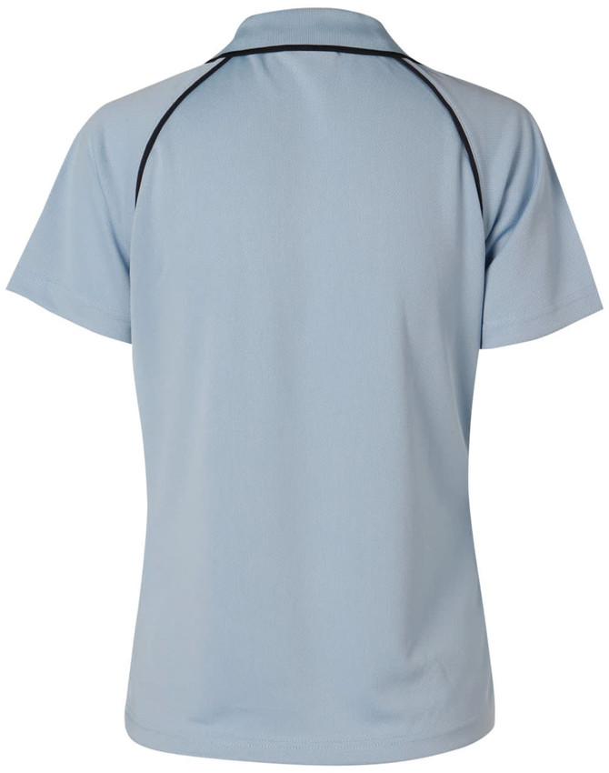 A light blue Men's Cooldry raglan short sleeve polo shirt featuring contrast piping and a logo.