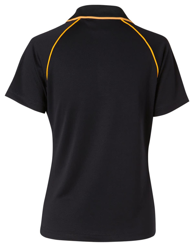 A black short-sleeve polo shirt with yellow raglan stitching and a logo on the back.