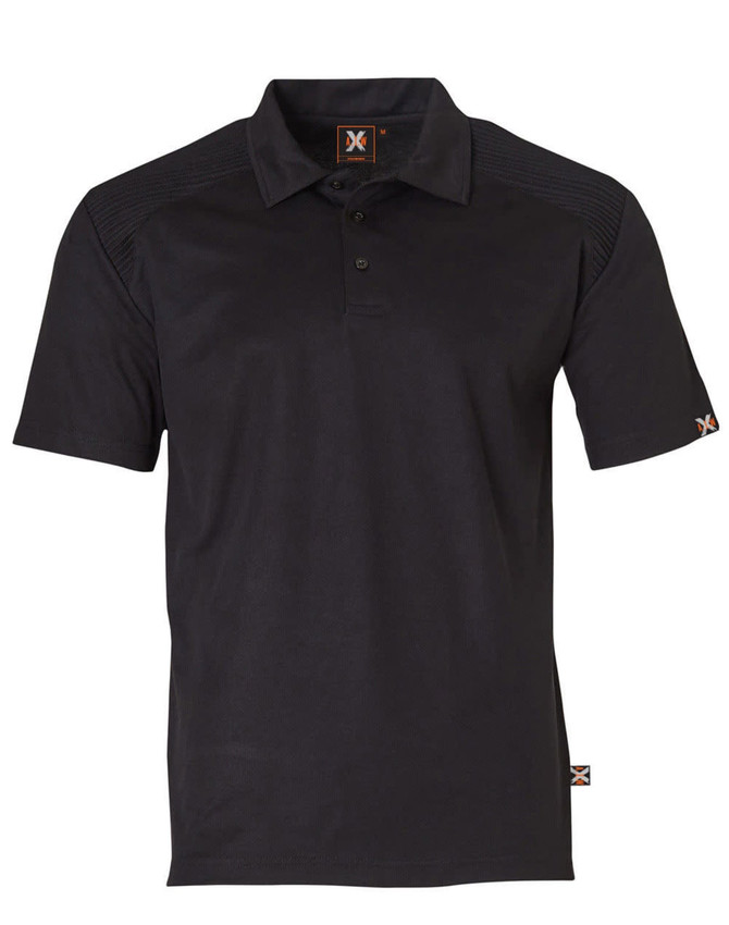 A black short-sleeve polo shirt featuring a logo and textured shoulder detail. Suitable for workwear.