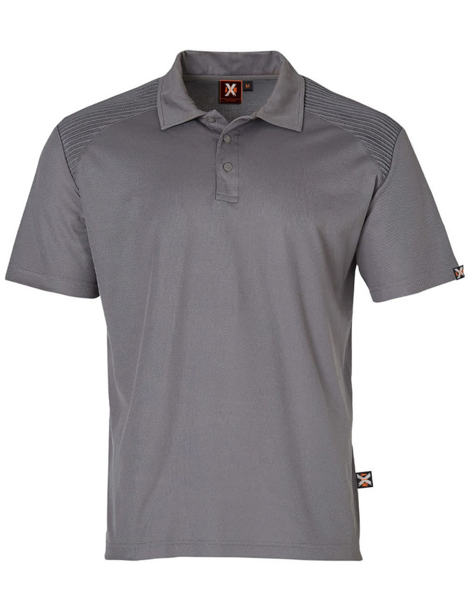 A grey short-sleeve polo shirt featuring a logo, with textured shoulder panels and a classic collar design.