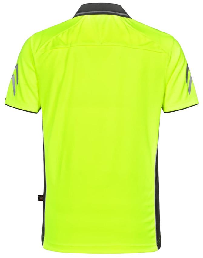 A bright yellow polo shirt with grey accents and a logo. The back features a sleek design.